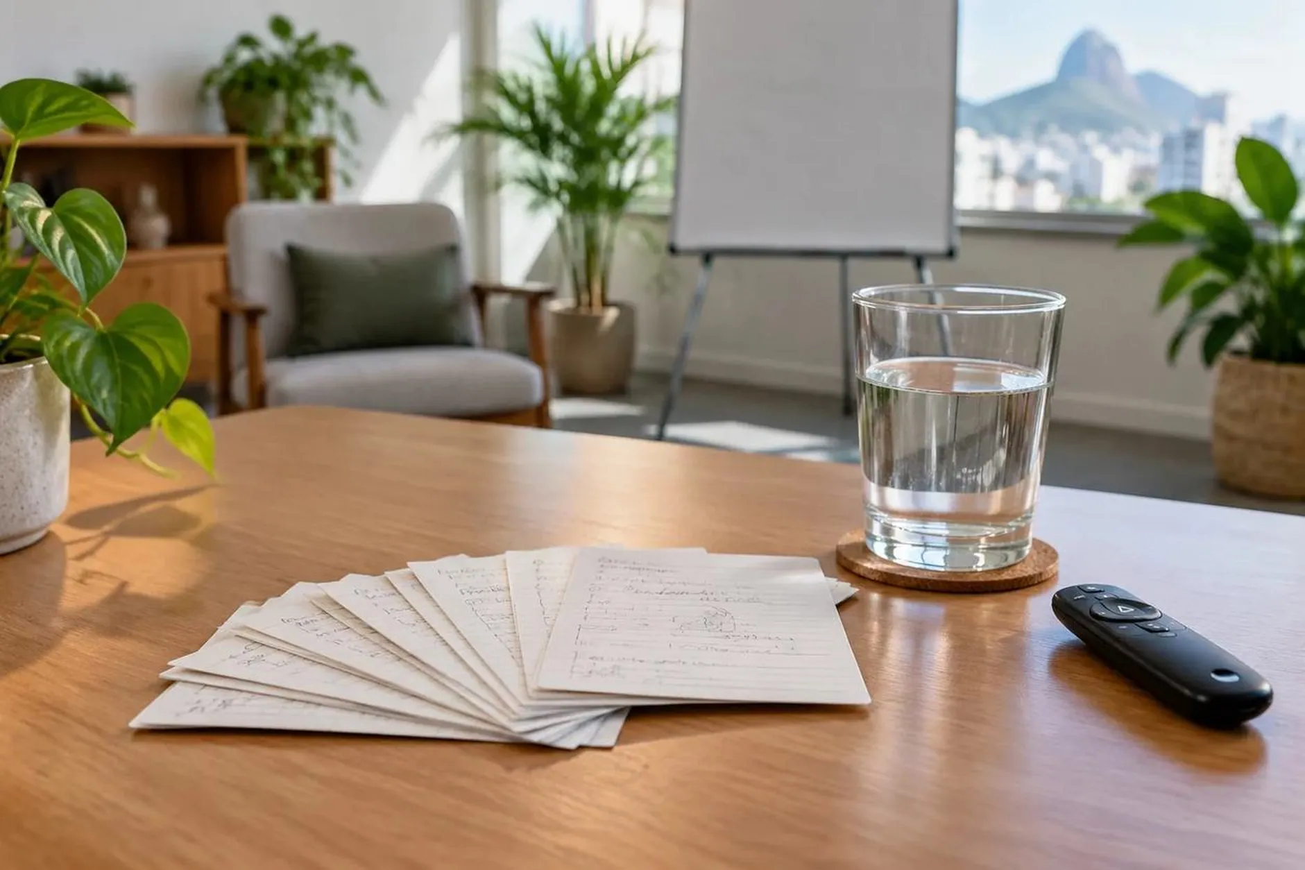 Fichas de roteiro, copo de água e passador de slides sobre a mesa